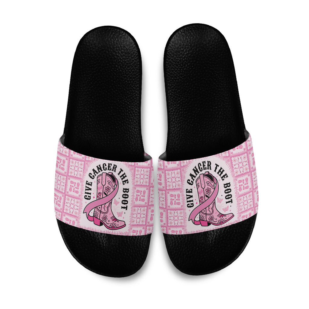 Give Cancer The Boot Pink Cowgirl Slide Sandals Hawaiian Paniolo Mixed Quilt Pattern Style