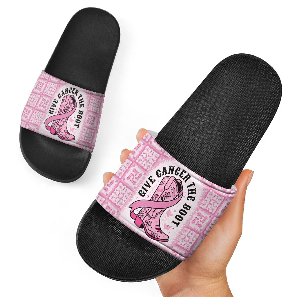 Give Cancer The Boot Pink Cowgirl Slide Sandals Hawaiian Paniolo Mixed Quilt Pattern Style