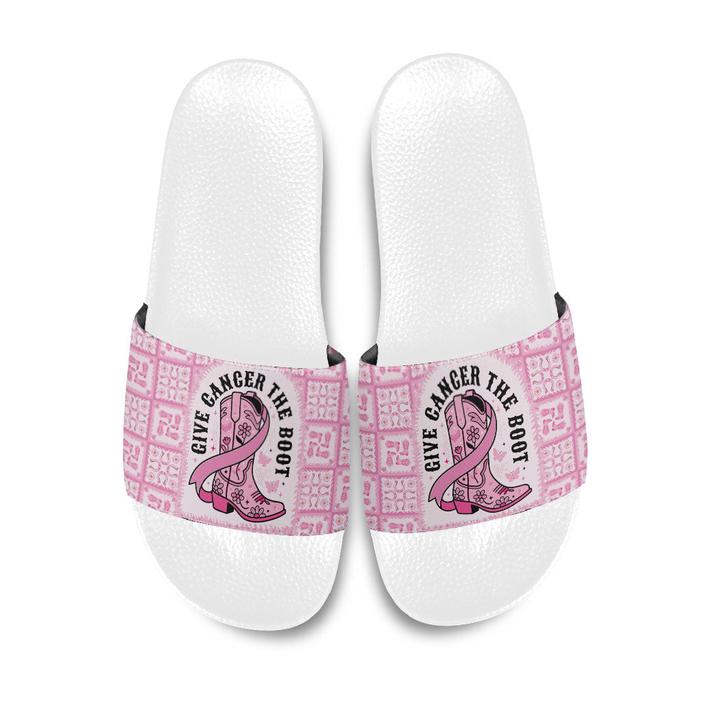Give Cancer The Boot Pink Cowgirl Slide Sandals Hawaiian Paniolo Mixed Quilt Pattern Style