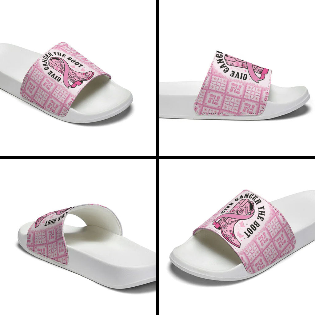 Give Cancer The Boot Pink Cowgirl Slide Sandals Hawaiian Paniolo Mixed Quilt Pattern Style
