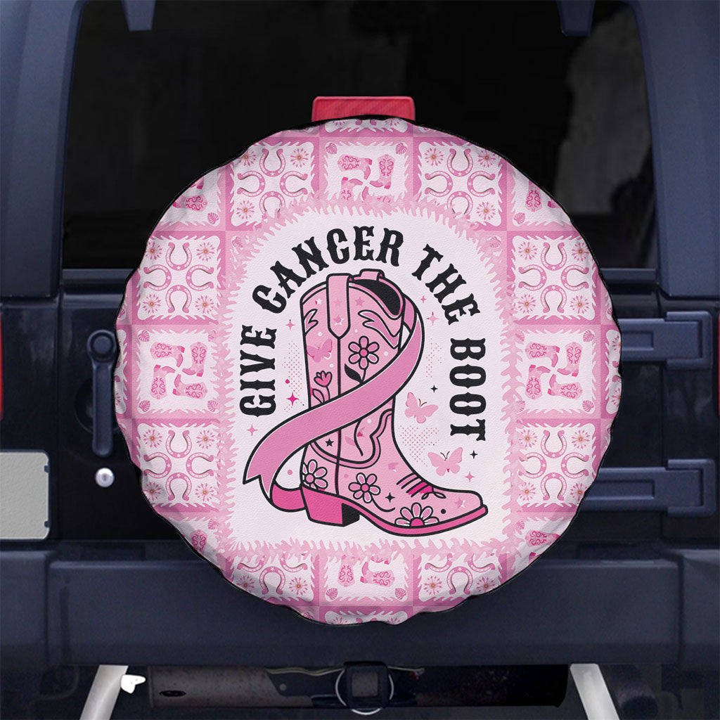 Give Cancer The Boot Pink Cowgirl Spare Tire Cover Hawaiian Paniolo Mixed Quilt Pattern Style LT9 No hole Pink - Polynesian Pride