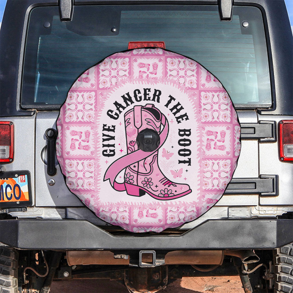 Give Cancer The Boot Pink Cowgirl Spare Tire Cover Hawaiian Paniolo Mixed Quilt Pattern Style