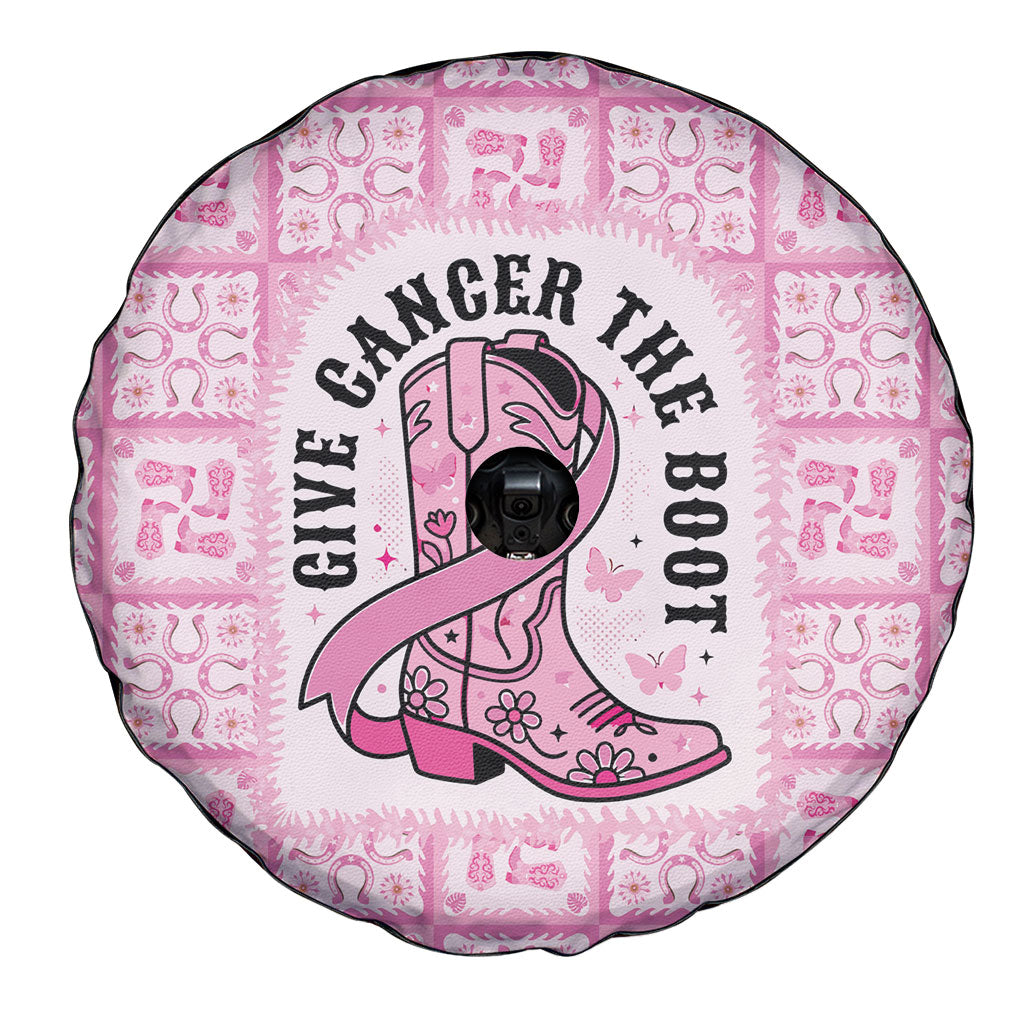 Give Cancer The Boot Pink Cowgirl Spare Tire Cover Hawaiian Paniolo Mixed Quilt Pattern Style
