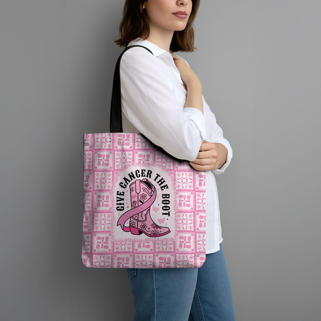 Give Cancer The Boot Pink Cowgirl Tote Bag Hawaiian Paniolo Mixed Quilt Pattern Style