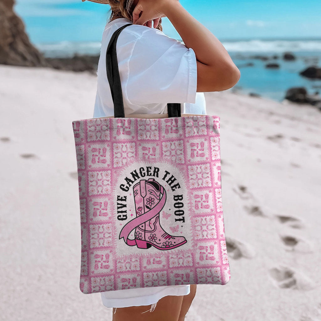 Give Cancer The Boot Pink Cowgirl Tote Bag Hawaiian Paniolo Mixed Quilt Pattern Style
