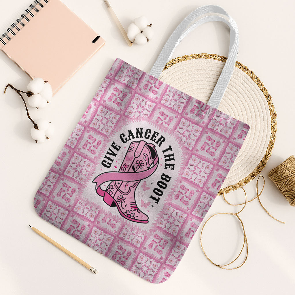 Give Cancer The Boot Pink Cowgirl Tote Bag Hawaiian Paniolo Mixed Quilt Pattern Style