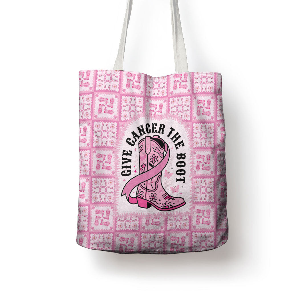Give Cancer The Boot Pink Cowgirl Tote Bag Hawaiian Paniolo Mixed Quilt Pattern Style
