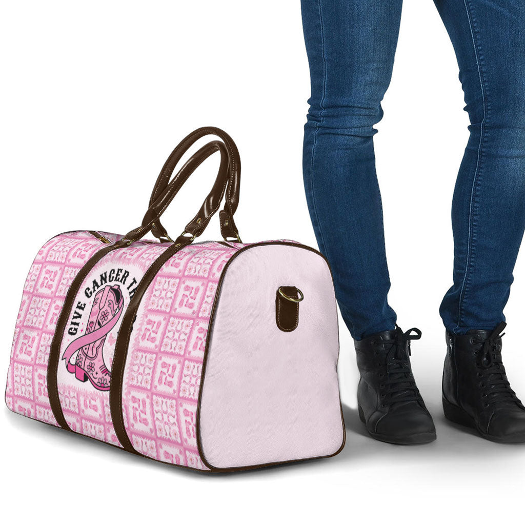 Give Cancer The Boot Pink Cowgirl Travel Bag Hawaiian Paniolo Mixed Quilt Pattern Style