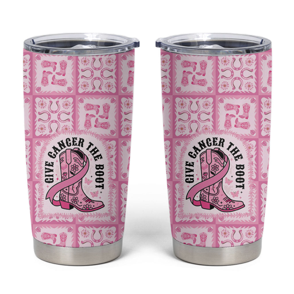 Give Cancer The Boot Pink Cowgirl Tumbler Cup Hawaiian Paniolo Mixed Quilt Pattern Style LT9 Pink - Polynesian Pride