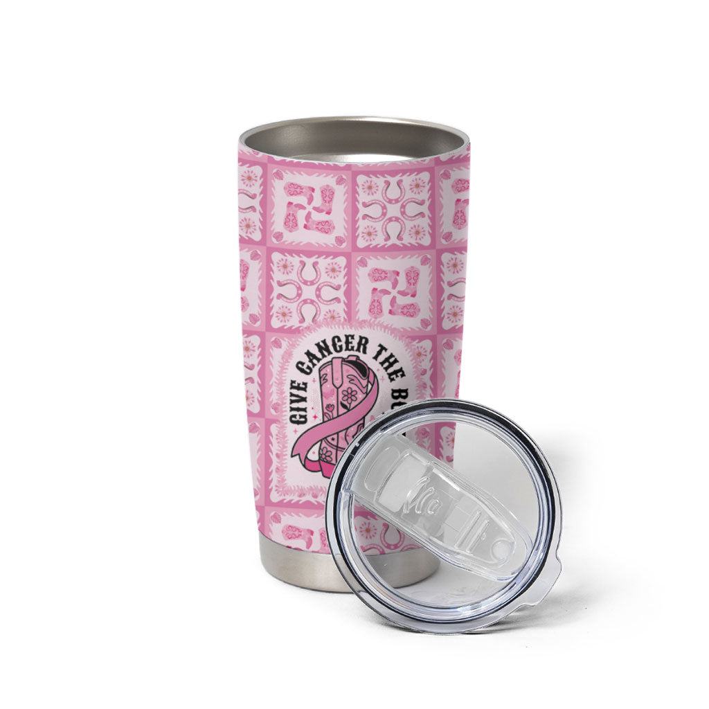Give Cancer The Boot Pink Cowgirl Tumbler Cup Hawaiian Paniolo Mixed Quilt Pattern Style