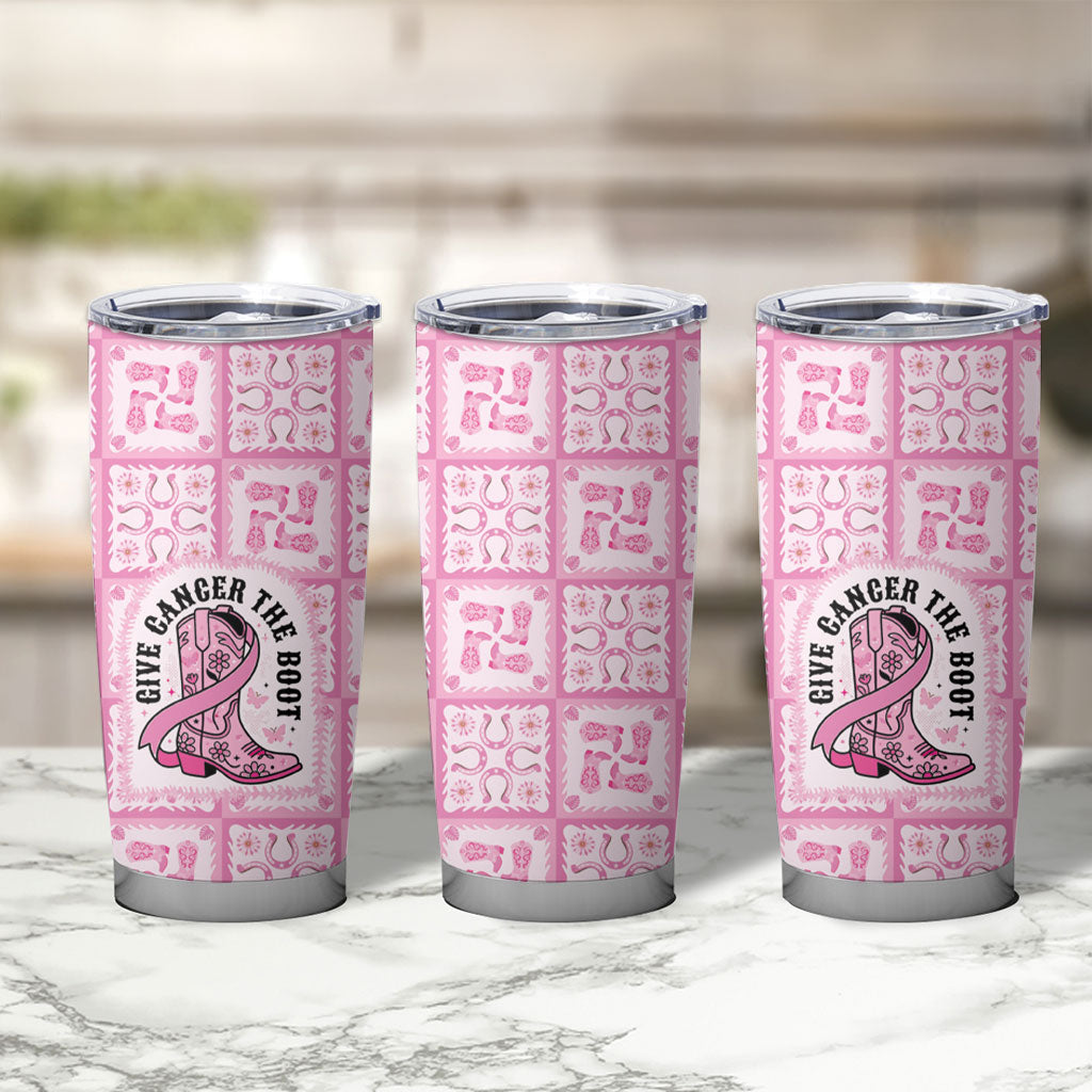 Give Cancer The Boot Pink Cowgirl Tumbler Cup Hawaiian Paniolo Mixed Quilt Pattern Style