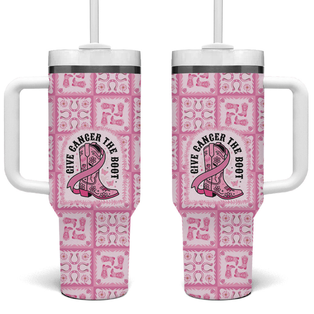 Give Cancer The Boot Pink Cowgirl Tumbler With Handle Hawaiian Paniolo Mixed Quilt Pattern Style