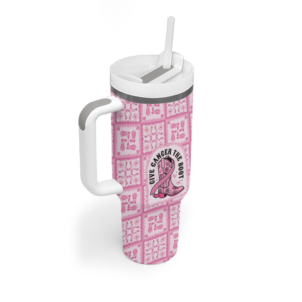 Give Cancer The Boot Pink Cowgirl Tumbler With Handle Hawaiian Paniolo Mixed Quilt Pattern Style