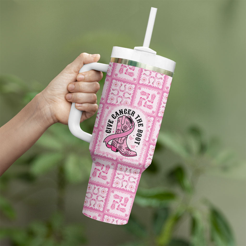 Give Cancer The Boot Pink Cowgirl Tumbler With Handle Hawaiian Paniolo Mixed Quilt Pattern Style