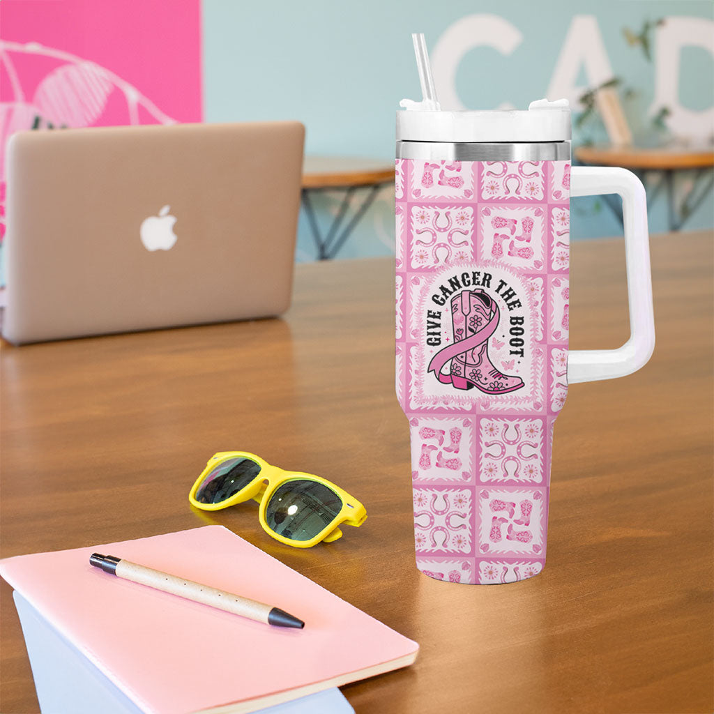 Give Cancer The Boot Pink Cowgirl Tumbler With Handle Hawaiian Paniolo Mixed Quilt Pattern Style