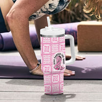 Give Cancer The Boot Pink Cowgirl Tumbler With Handle Hawaiian Paniolo Mixed Quilt Pattern Style