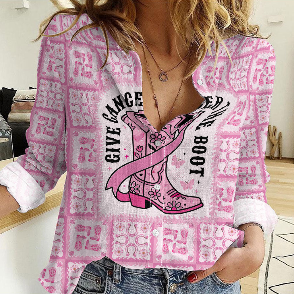 Give Cancer The Boot Pink Cowgirl Women Casual Shirt Hawaiian Paniolo Mixed Quilt Pattern Style