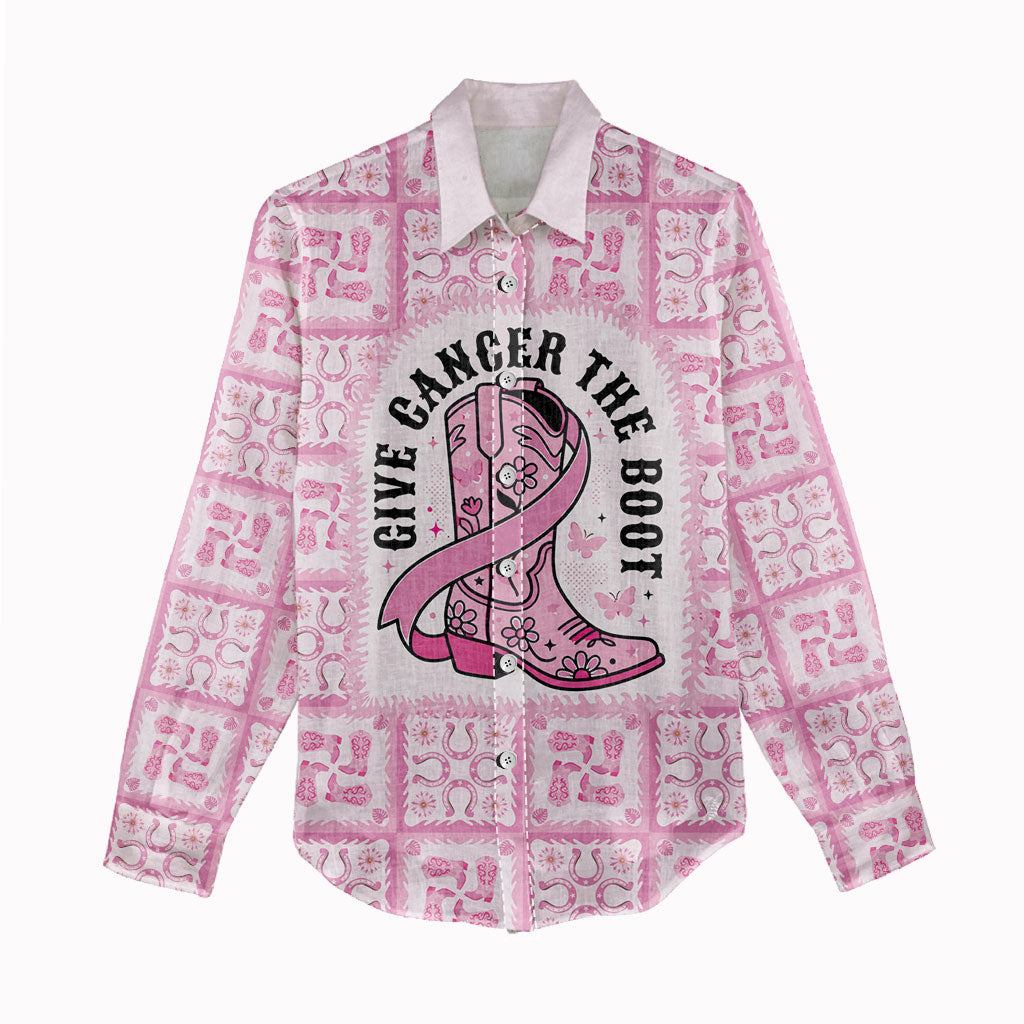 Give Cancer The Boot Pink Cowgirl Women Casual Shirt Hawaiian Paniolo Mixed Quilt Pattern Style