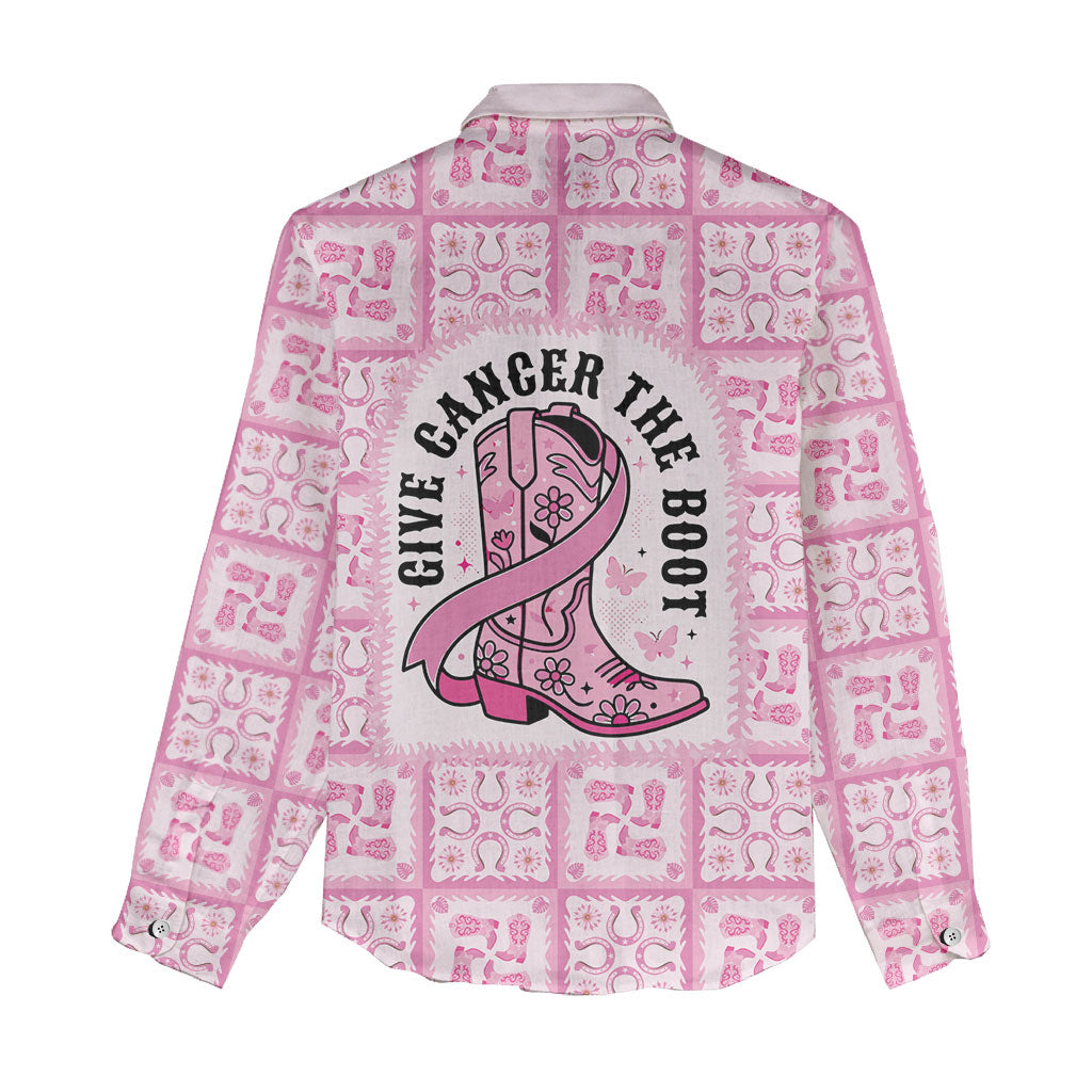 Give Cancer The Boot Pink Cowgirl Women Casual Shirt Hawaiian Paniolo Mixed Quilt Pattern Style