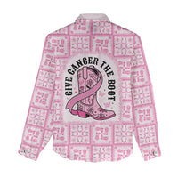 Give Cancer The Boot Pink Cowgirl Women Casual Shirt Hawaiian Paniolo Mixed Quilt Pattern Style