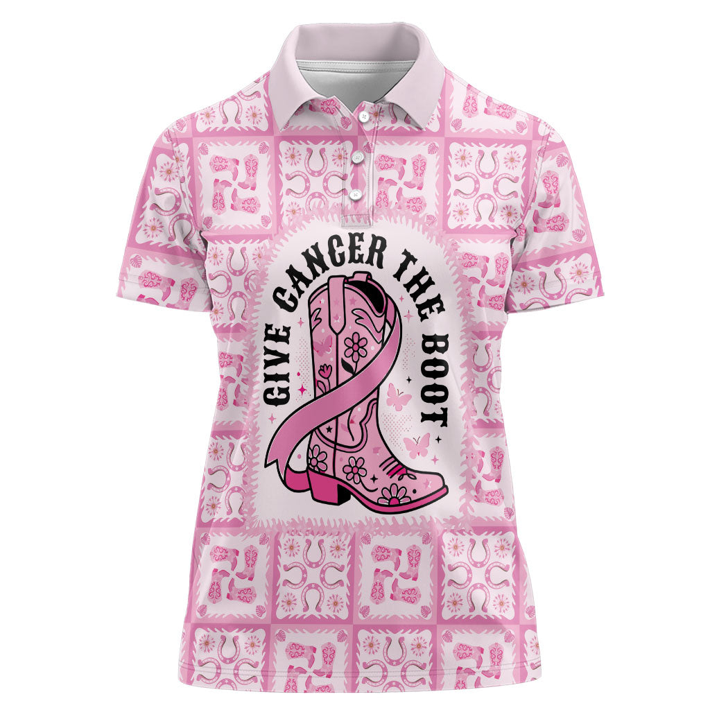 Give Cancer The Boot Pink Cowgirl Women Polo Shirt Hawaiian Paniolo Mixed Quilt Pattern Style LT9 Female Pink - Polynesian Pride