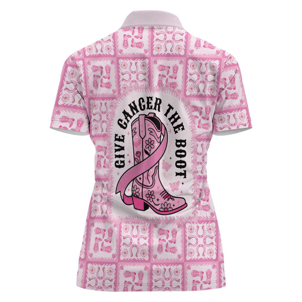 Give Cancer The Boot Pink Cowgirl Women Polo Shirt Hawaiian Paniolo Mixed Quilt Pattern Style