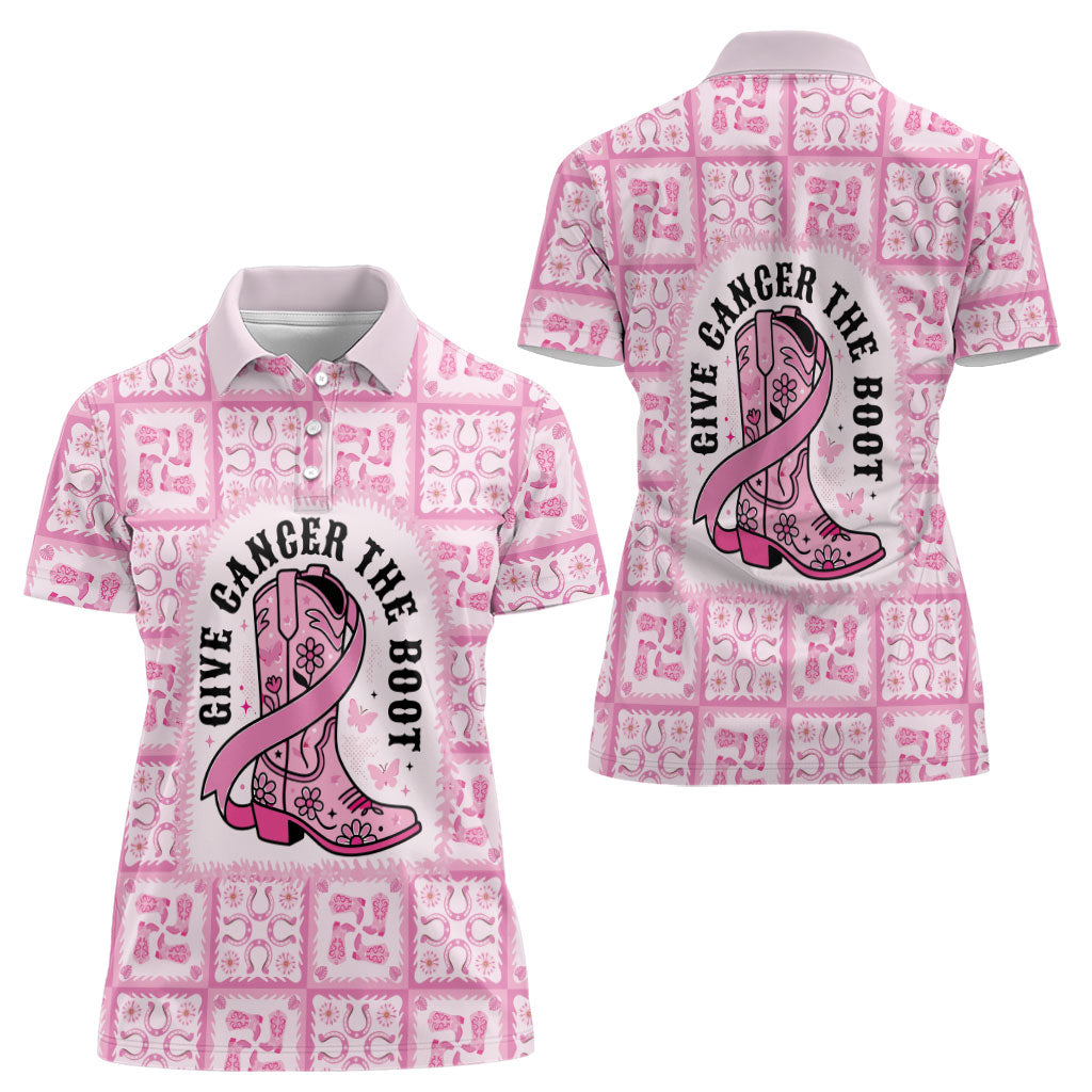 Give Cancer The Boot Pink Cowgirl Women Polo Shirt Hawaiian Paniolo Mixed Quilt Pattern Style