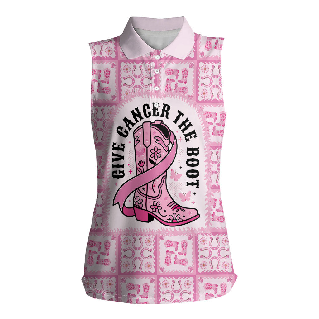 Give Cancer The Boot Pink Cowgirl Women Sleeveless Polo Shirt Hawaiian Paniolo Mixed Quilt Pattern Style