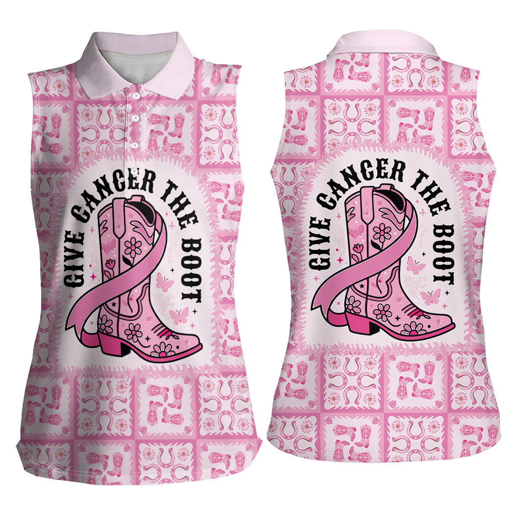 Give Cancer The Boot Pink Cowgirl Women Sleeveless Polo Shirt Hawaiian Paniolo Mixed Quilt Pattern Style