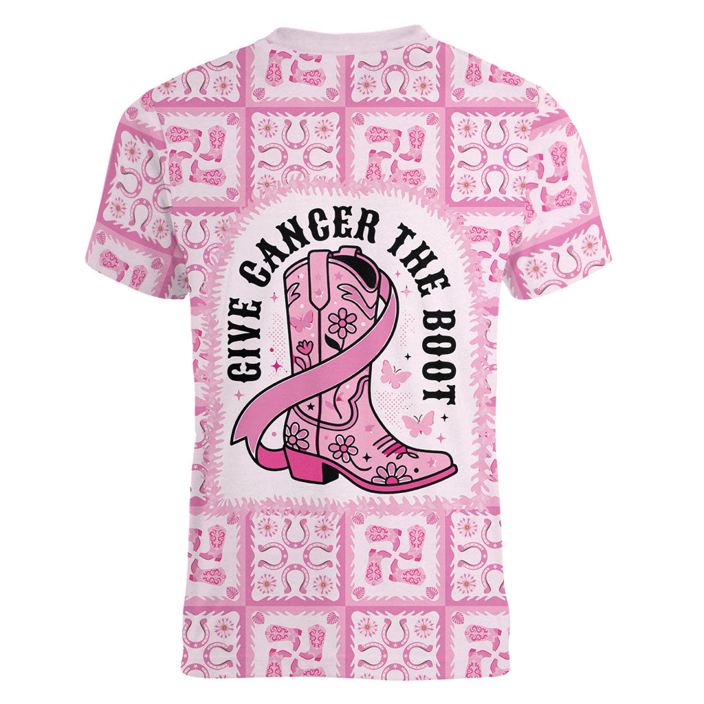 Give Cancer The Boot Pink Cowgirl Women V-Neck T-Shirt Hawaiian Paniolo Mixed Quilt Pattern Style
