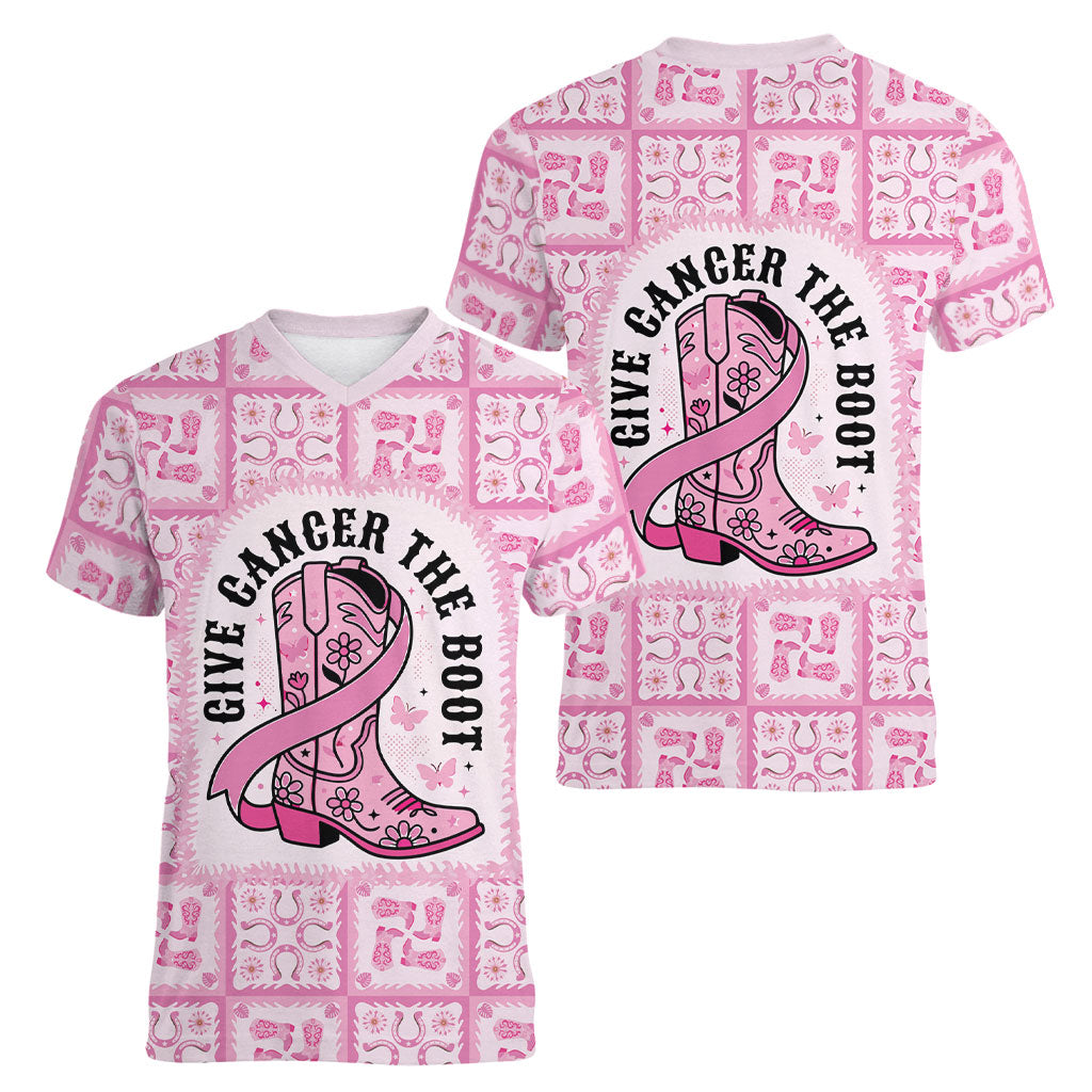 Give Cancer The Boot Pink Cowgirl Women V-Neck T-Shirt Hawaiian Paniolo Mixed Quilt Pattern Style