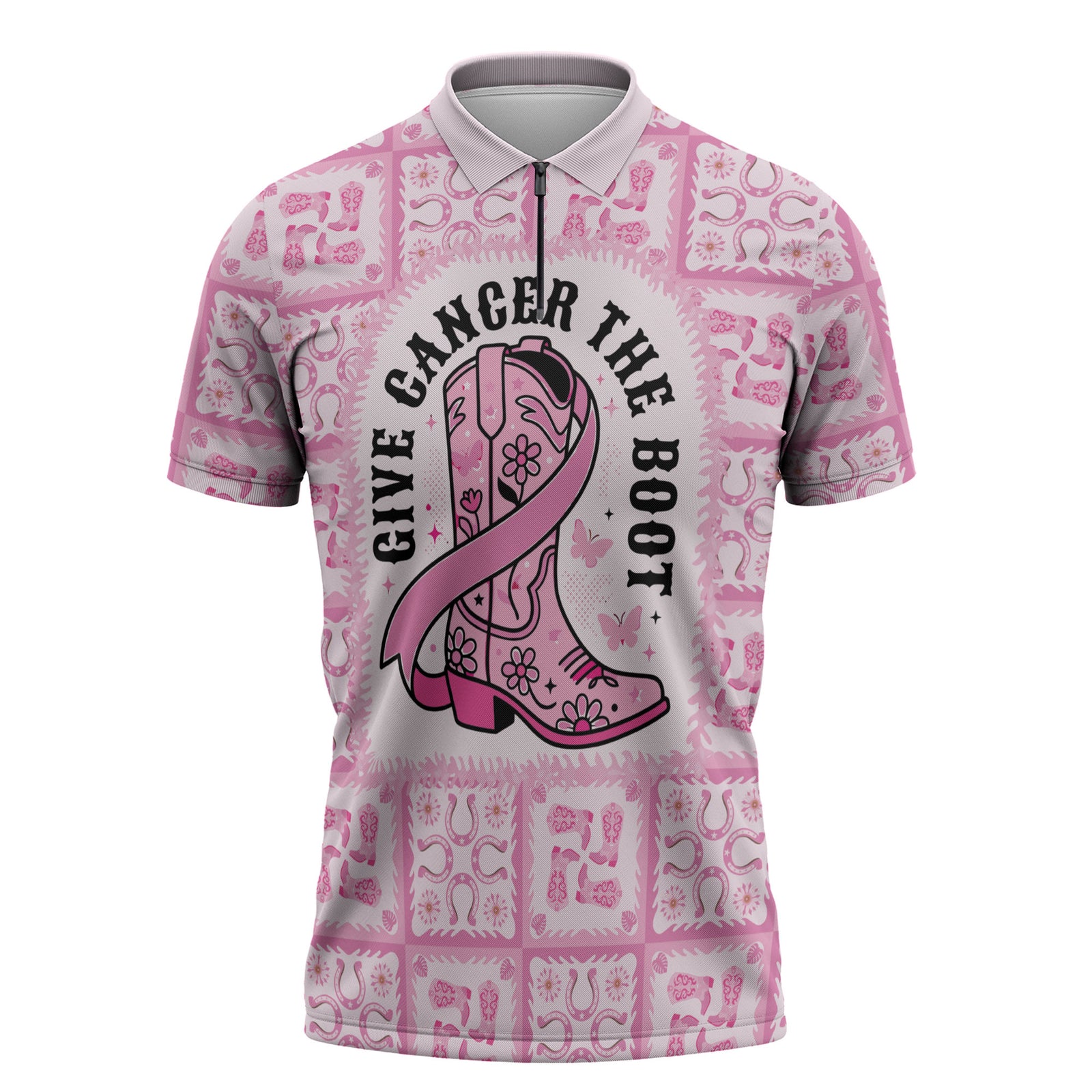 Give Cancer The Boot Pink Cowgirl Zipper Polo Shirt Hawaiian Paniolo Mixed Quilt Pattern Style LT9 Pink - Polynesian Pride