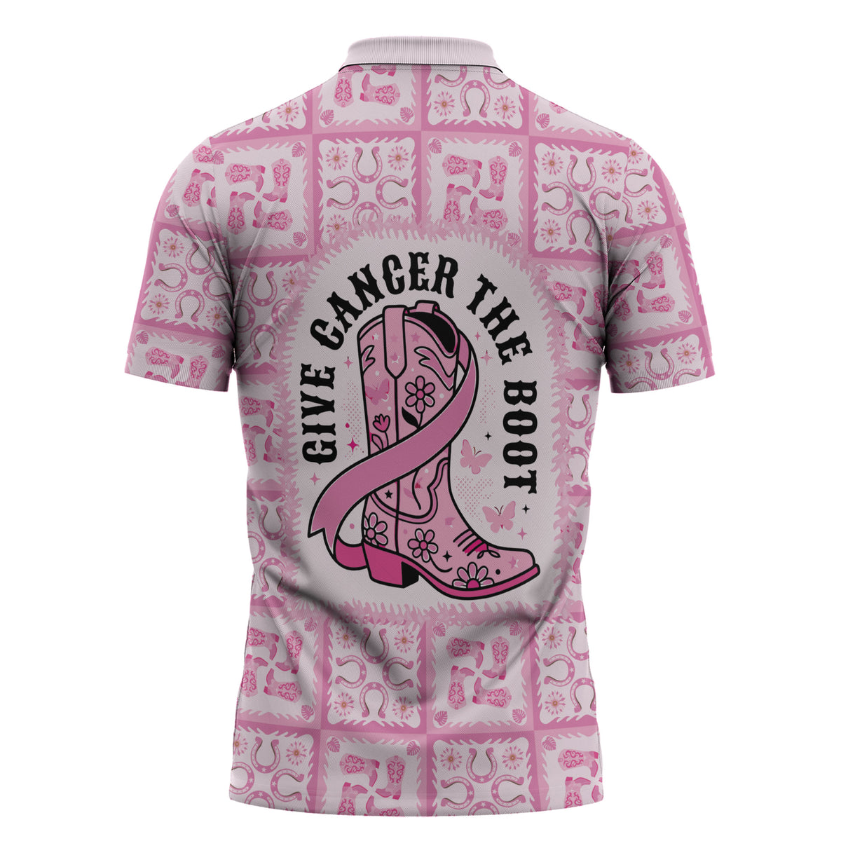 Give Cancer The Boot Pink Cowgirl Zipper Polo Shirt Hawaiian Paniolo Mixed Quilt Pattern Style
