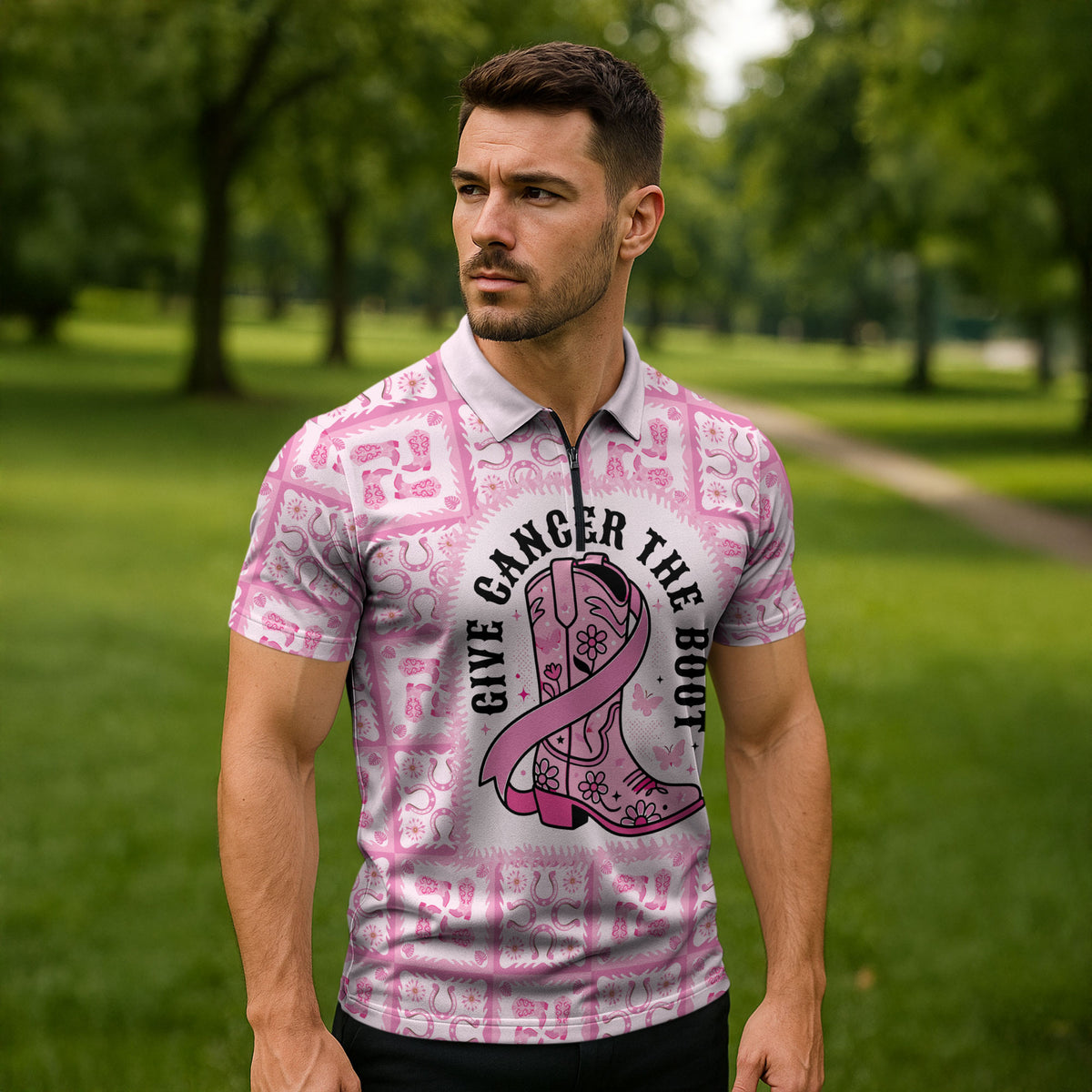 Give Cancer The Boot Pink Cowgirl Zipper Polo Shirt Hawaiian Paniolo Mixed Quilt Pattern Style