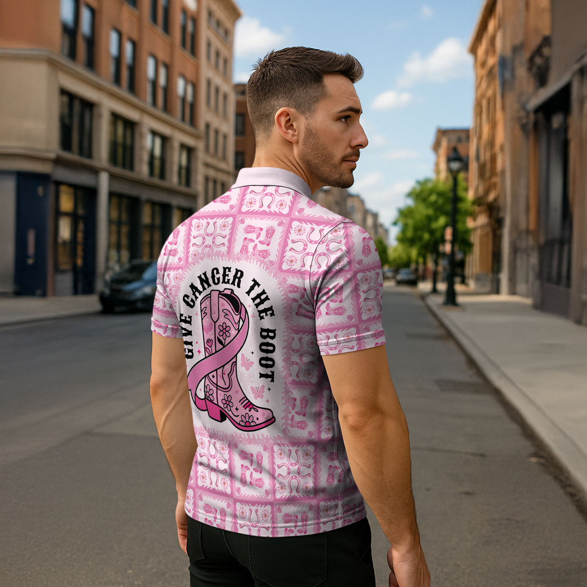Give Cancer The Boot Pink Cowgirl Zipper Polo Shirt Hawaiian Paniolo Mixed Quilt Pattern Style