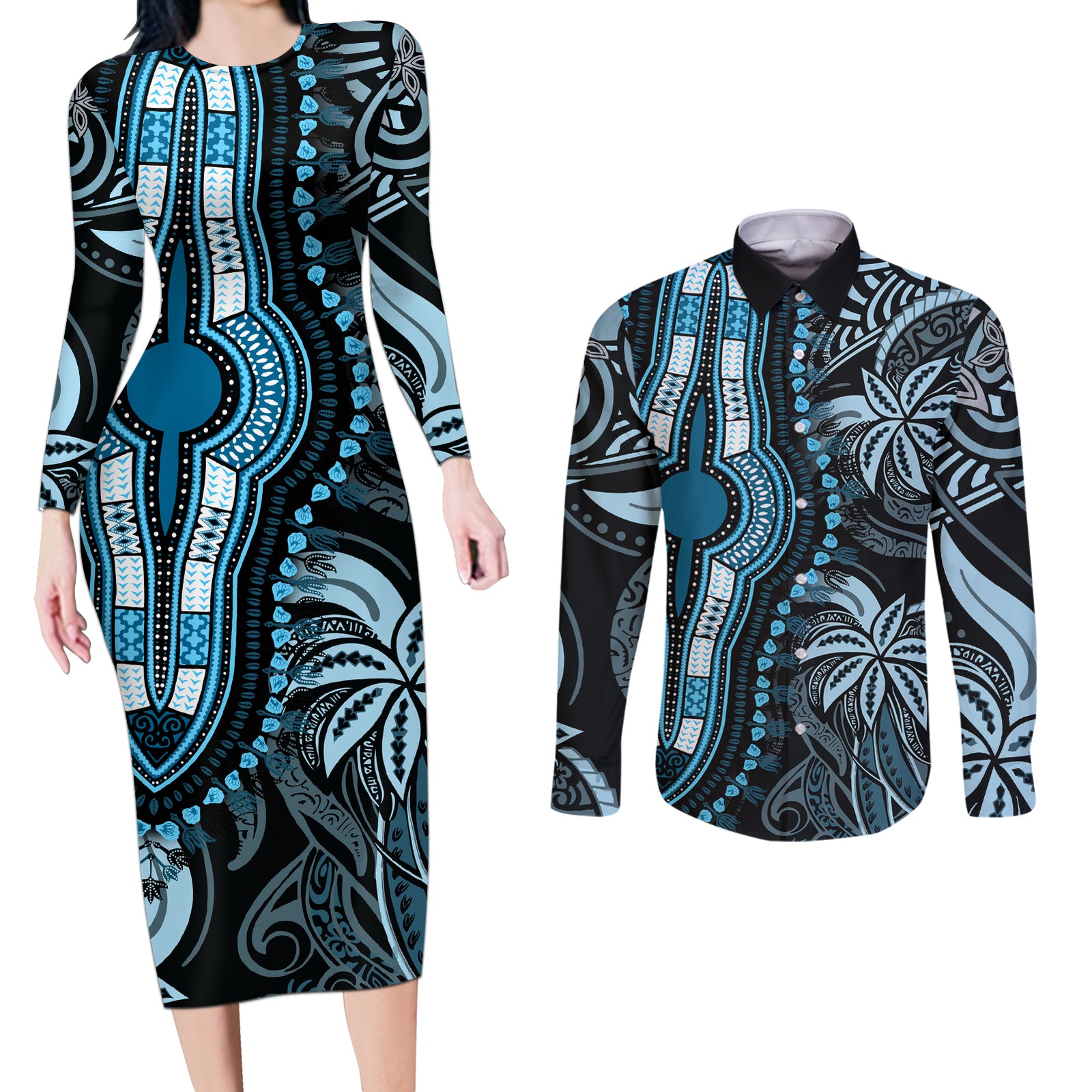 Polynesia Dashiki Couples Matching Long Sleeve Bodycon Dress and Long Sleeve Button Shirts Polynesia and Africa Traditional Special Together Blue LT9 Blue - Polynesian Pride