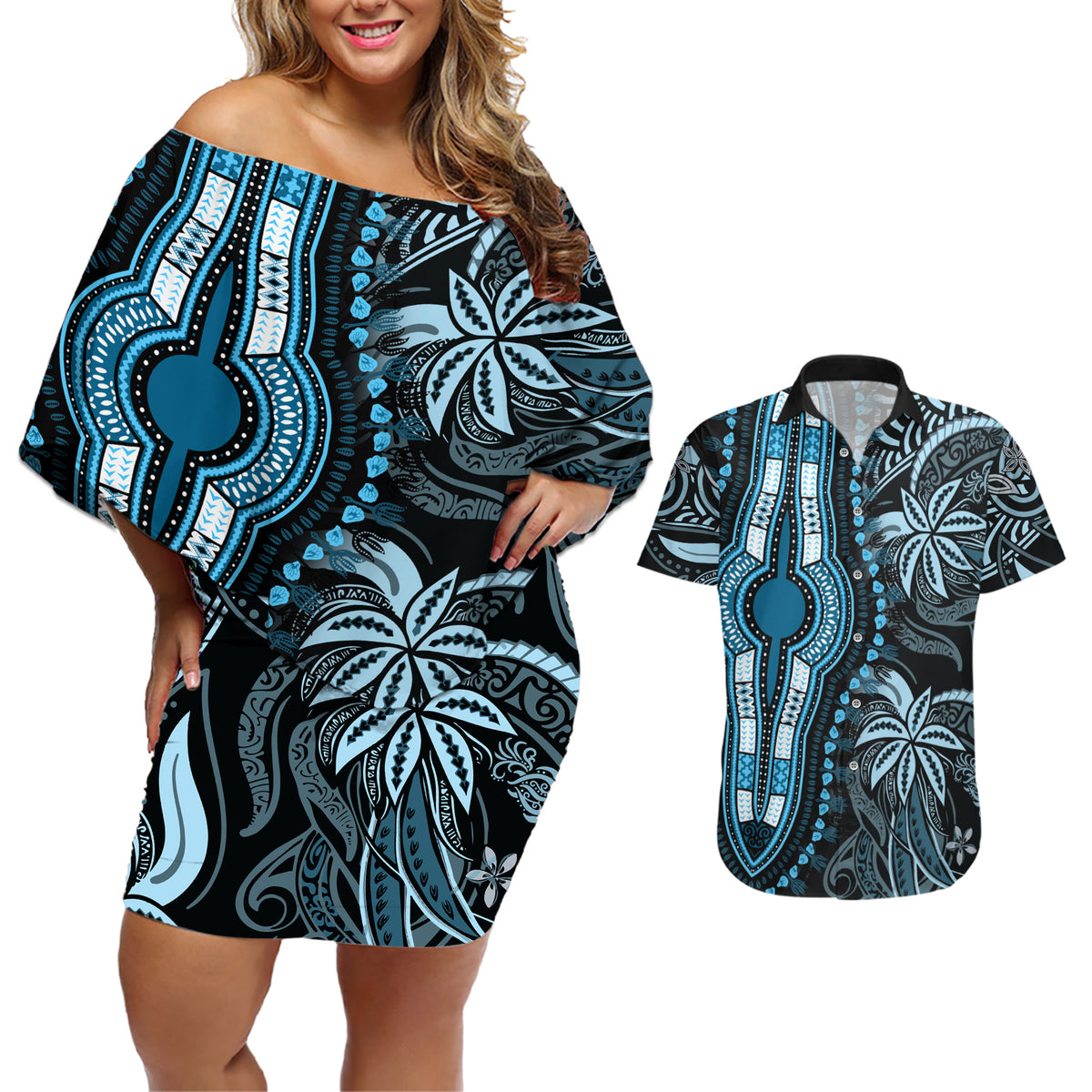 polynesia-dashiki-couples-matching-off-shoulder-short-dress-and-hawaiian-shirt-polynesia-and-africa-traditional-special-together-blue