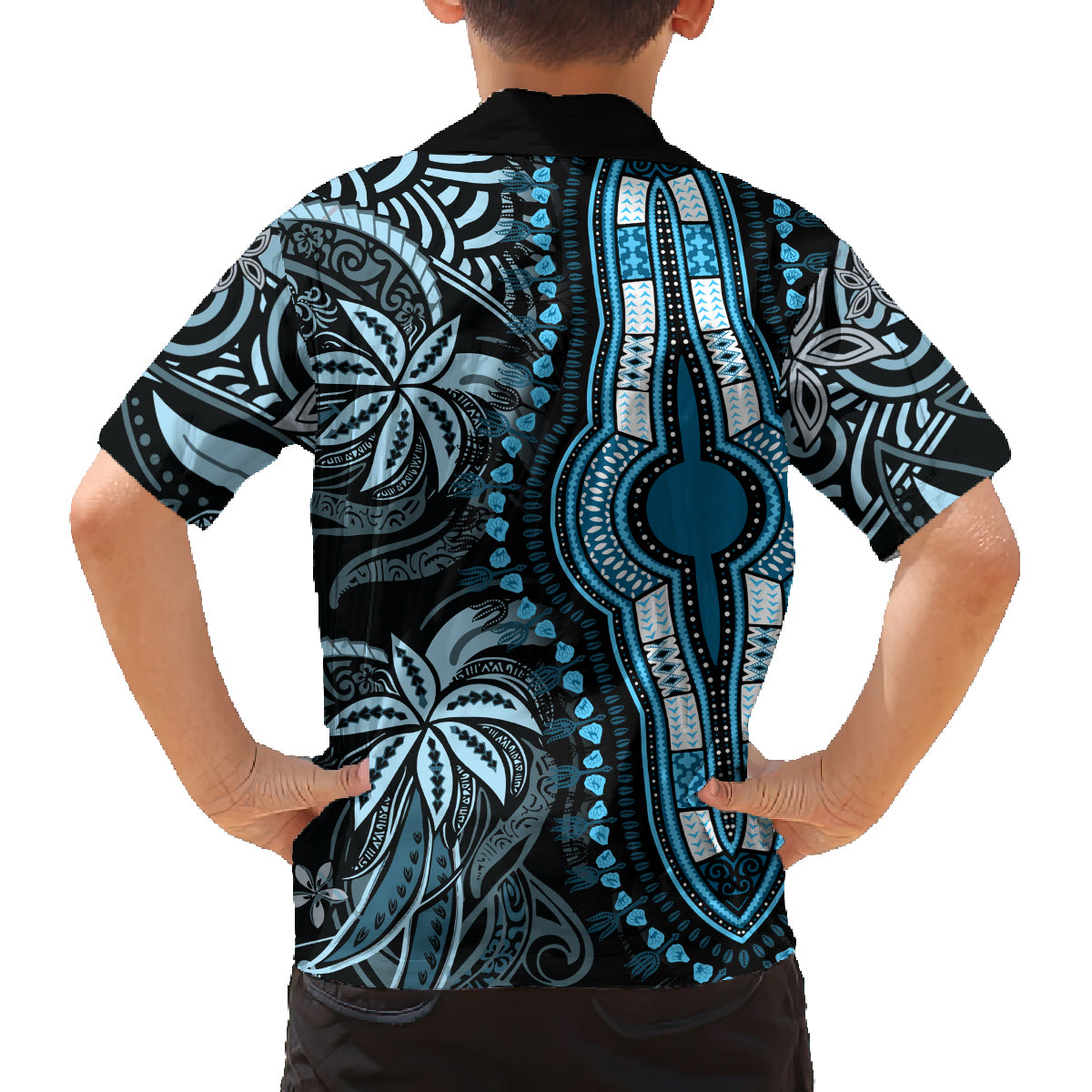 polynesia-dashiki-family-matching-off-shoulder-long-sleeve-dress-and-hawaiian-shirt-polynesia-and-africa-traditional-special-together-blue