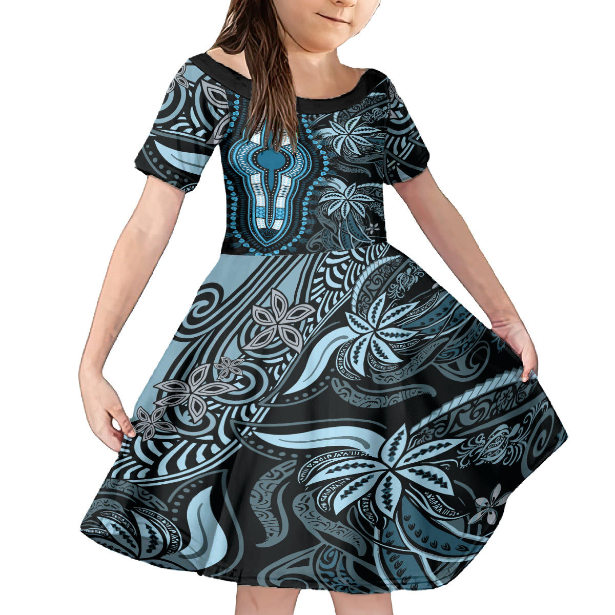 Polynesia Dashiki Kid Short Sleeve Dress Polynesia and Africa Traditional Special Together Blue LT9 KID Blue - Polynesian Pride