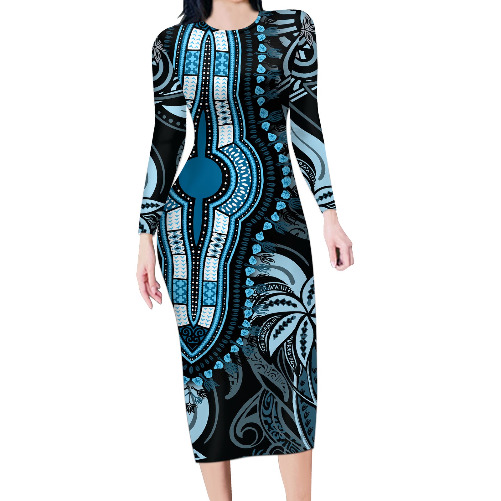 Polynesia Dashiki Long Sleeve Bodycon Dress Polynesia and Africa Traditional Special Together Blue LT9 Long Dress Blue - Polynesian Pride
