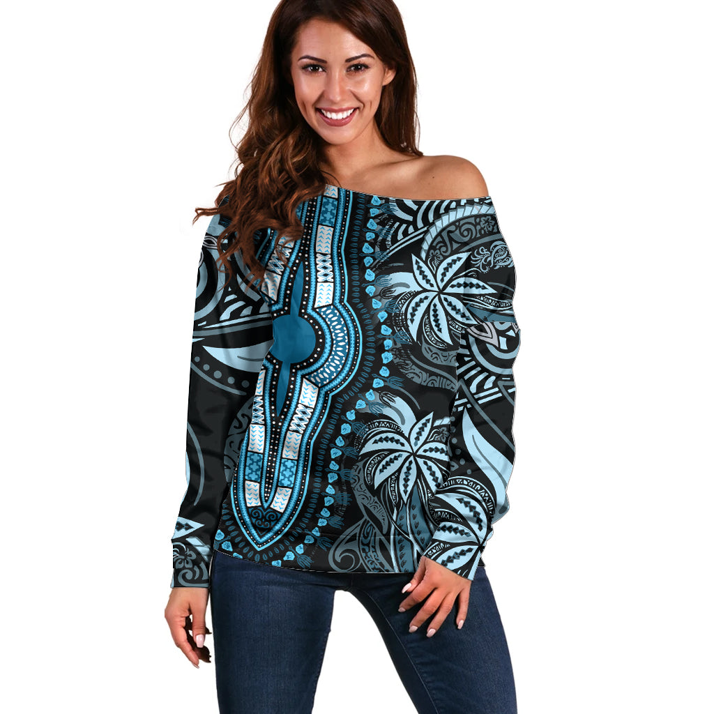 Polynesia Dashiki Off Shoulder Sweater Polynesia and Africa Traditional Special Together Blue LT9 Women Blue - Polynesian Pride