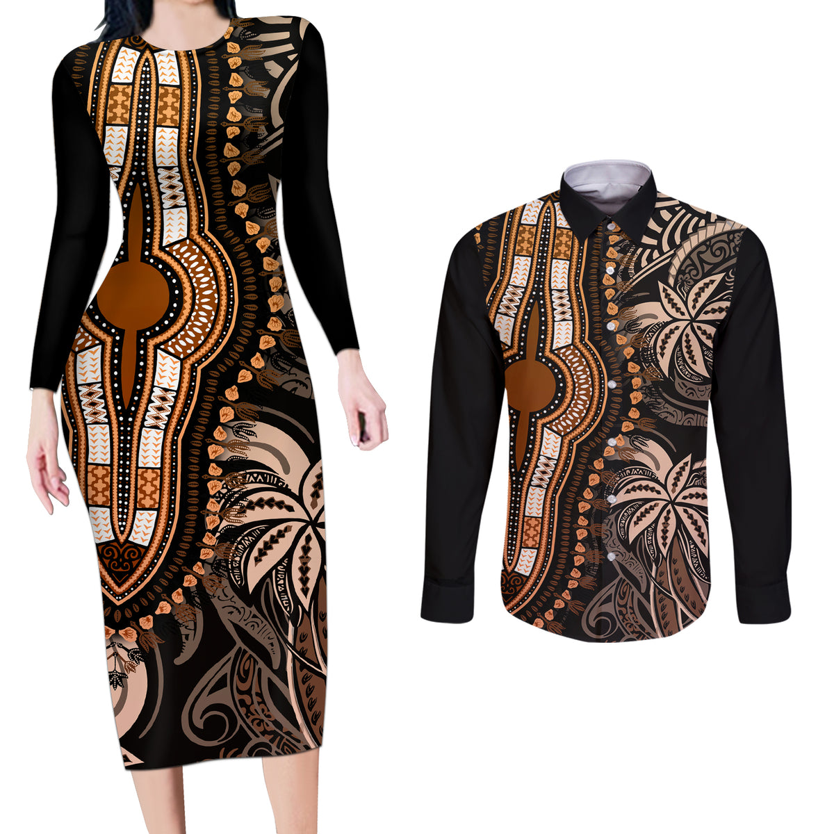 polynesia-dashiki-couples-matching-long-sleeve-bodycon-dress-and-long-sleeve-button-shirts-polynesia-and-africa-traditional-special-together-gold