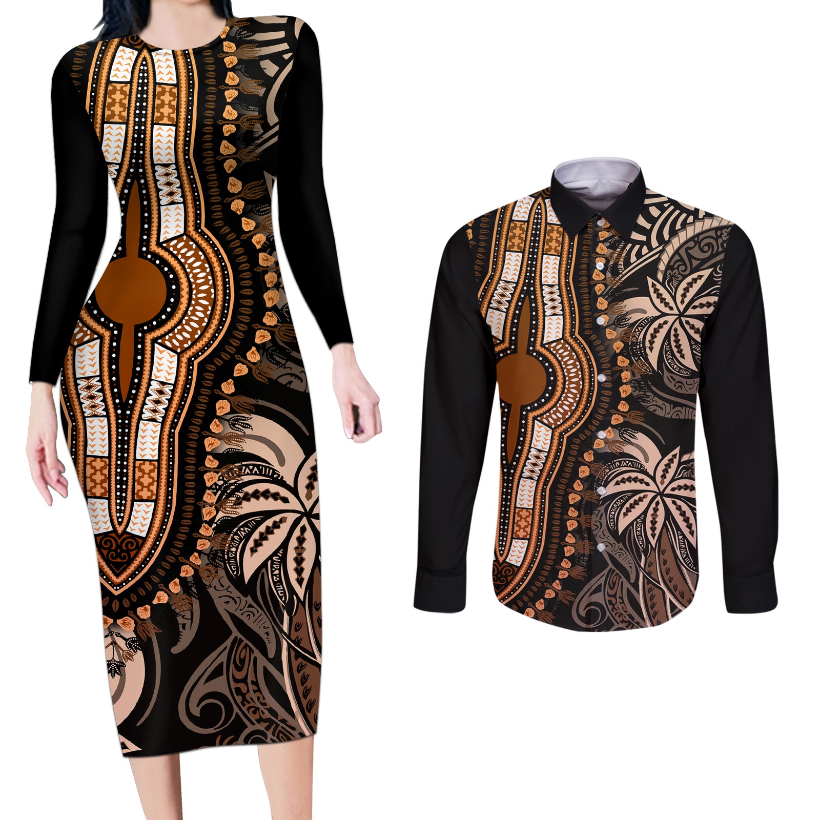 Polynesia Dashiki Couples Matching Long Sleeve Bodycon Dress and Long Sleeve Button Shirts Polynesia and Africa Traditional Special Together Gold LT9 Gold - Polynesian Pride