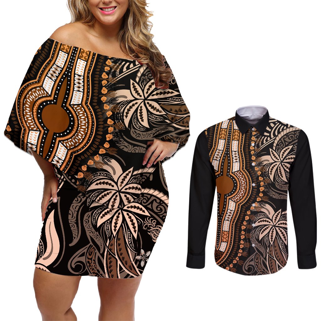 Polynesia Dashiki Couples Matching Off Shoulder Short Dress and Long Sleeve Button Shirts Polynesia and Africa Traditional Special Together Gold LT9 Gold - Polynesian Pride