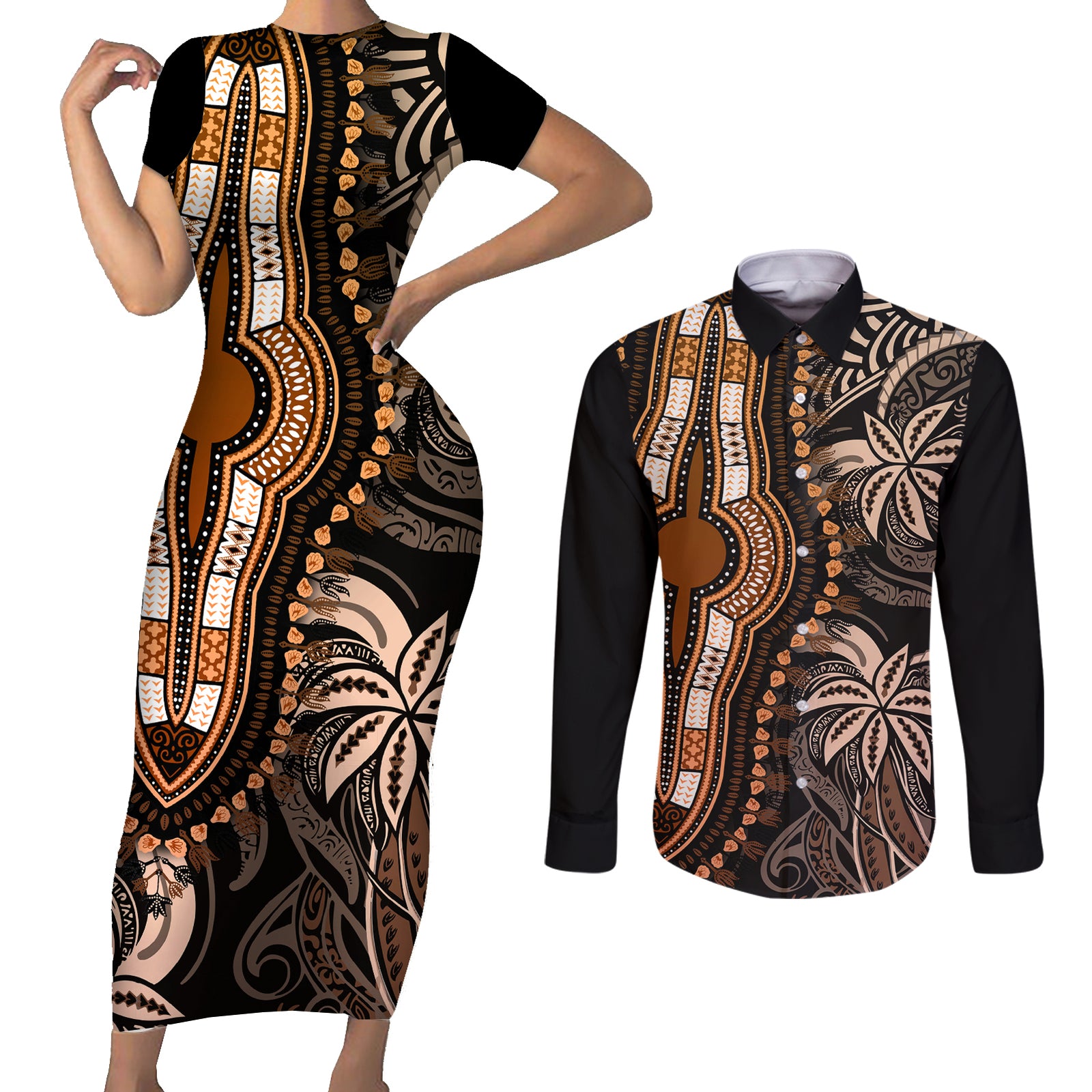 Polynesia Dashiki Couples Matching Short Sleeve Bodycon Dress and Long Sleeve Button Shirts Polynesia and Africa Traditional Special Together Gold LT9 Gold - Polynesian Pride