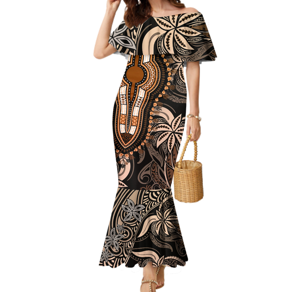 polynesia-dashiki-family-matching-mermaid-dress-and-hawaiian-shirt-polynesia-and-africa-traditional-special-together-gold