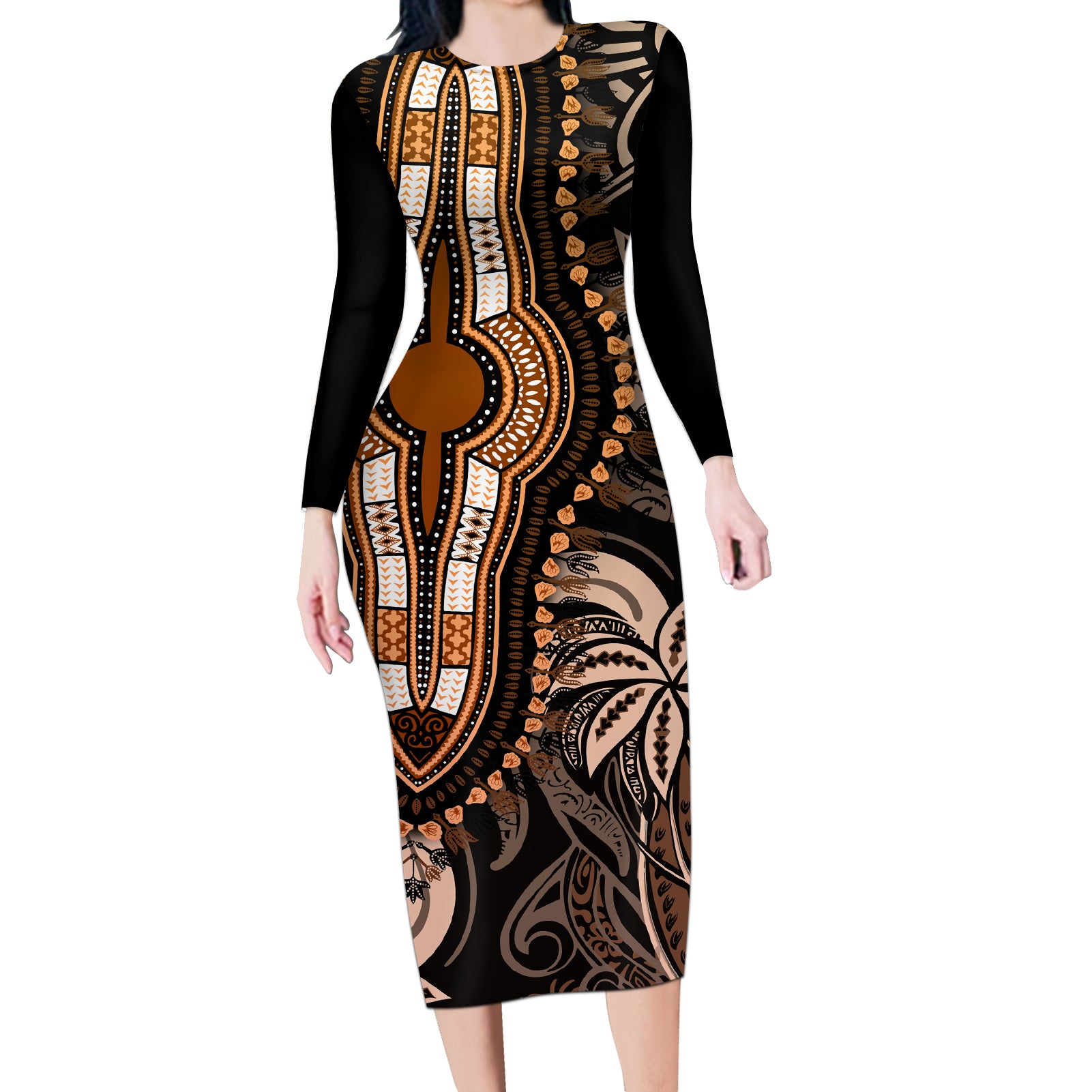 Polynesia Dashiki Long Sleeve Bodycon Dress Polynesia and Africa Traditional Special Together Gold LT9 Long Dress Gold - Polynesian Pride