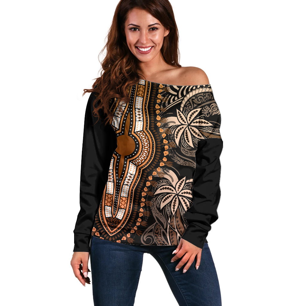 Polynesia Dashiki Off Shoulder Sweater Polynesia and Africa Traditional Special Together Gold LT9 Women Gold - Polynesian Pride