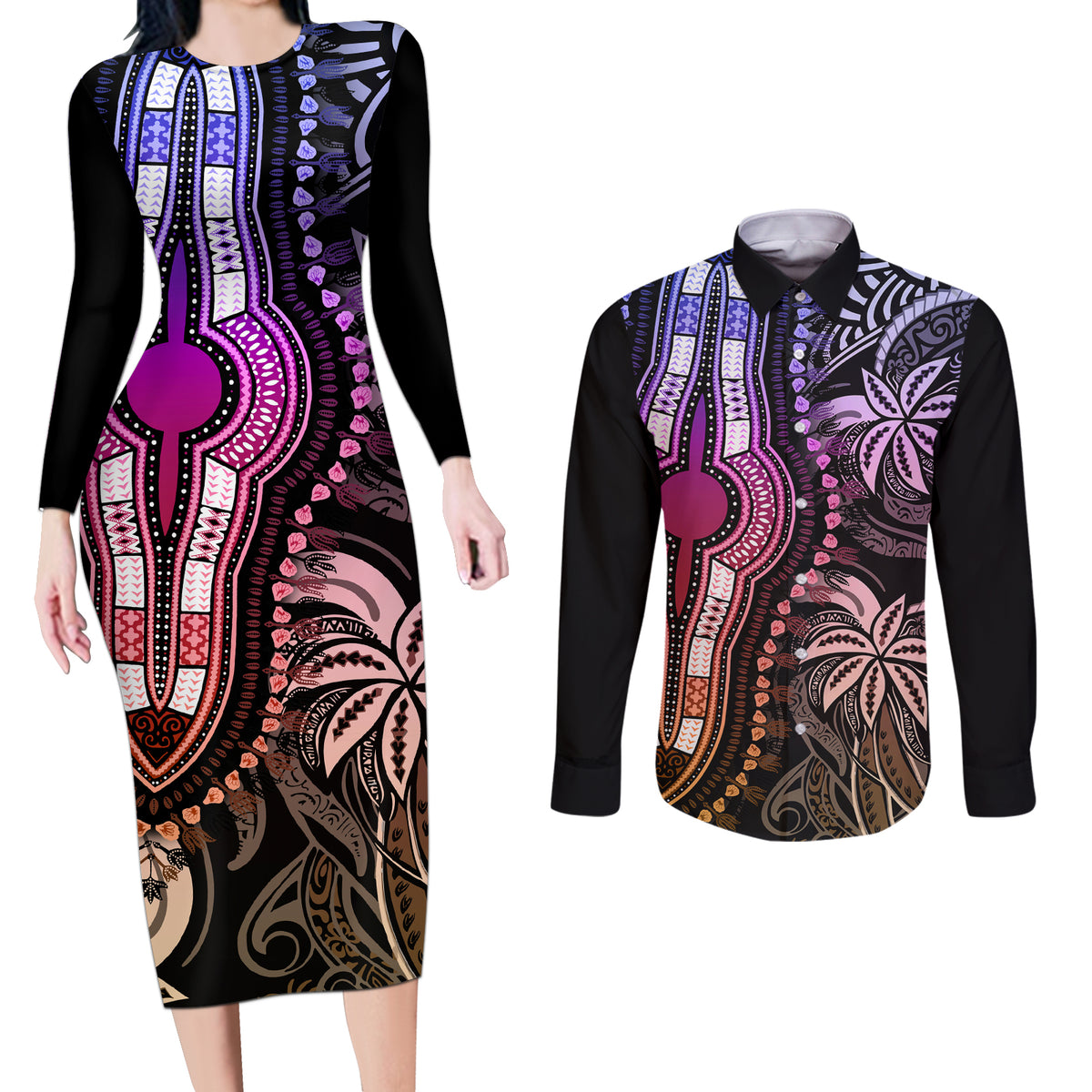 Polynesia Dashiki Couples Matching Long Sleeve Bodycon Dress and Long Sleeve Button Shirts Polynesia and Africa Traditional Special Together Pastel LT9 Pastel - Polynesian Pride