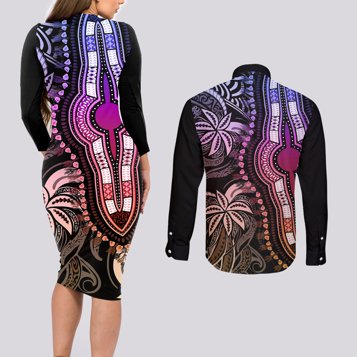 Polynesia Dashiki Couples Matching Long Sleeve Bodycon Dress and Long Sleeve Button Shirts Polynesia and Africa Traditional Special Together Pastel LT9 - Polynesian Pride